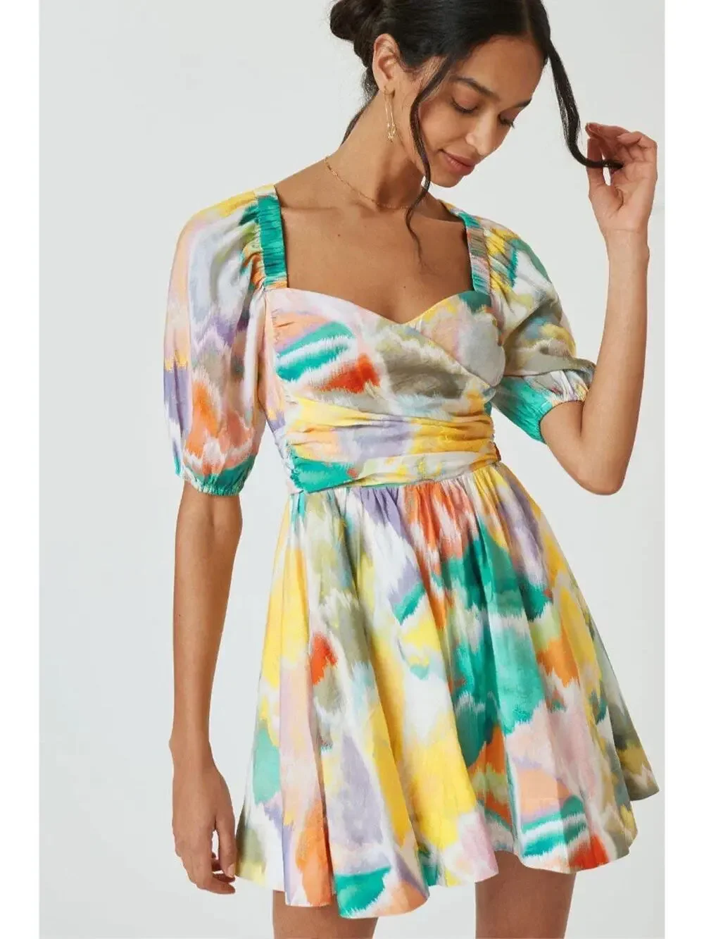 Anthropologie Swingy Rainbow Tie Dye Puff Sleeve Smocked Flirty Mini Dress Sz XS - Picture 1 of 9